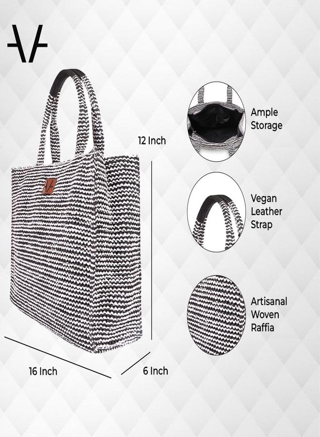 Avake Monochrome Mosaic Hand Bag with Raffia and Vegan Leather Accents | Fits 14-Inch Laptop | Stylish & Durable | Lightweight Shoulder Bag for Work, Travel & Daily Use | Made in India - Image 3